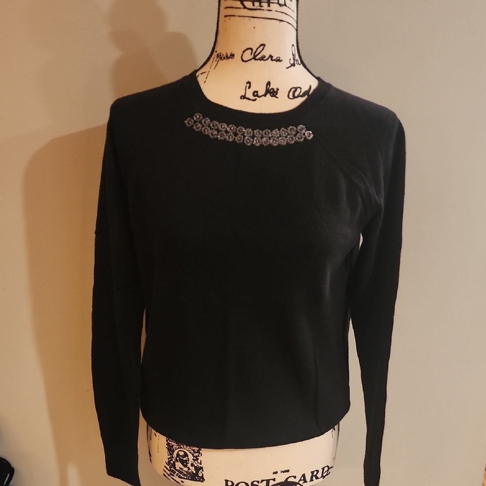 LOFT Black Long Sleeve Top with Embellished Neckline